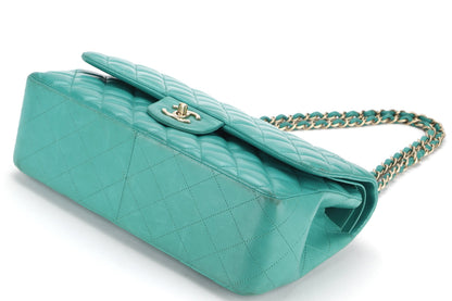 CHANEL DOUBLE FLAP BAG (1798xxxx) JUMBO GREEN LAMBSKIN LEATHER GOLD HARDWARE, WITH DUST COVER, NO