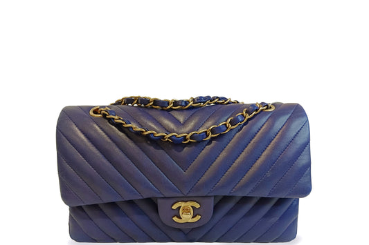 CHANEL CLASSIC DOUBLE FLAP (2122xxxx) MEDIUM BLUE CHEVRON LAMBSKIN GOLD HARDWARE, WITH , NO DUST COVER
