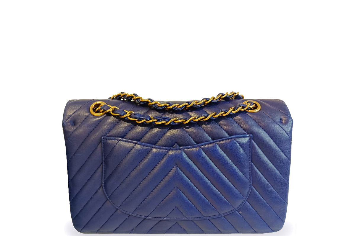 CHANEL CLASSIC DOUBLE FLAP (2122xxxx) MEDIUM BLUE CHEVRON LAMBSKIN GOLD HARDWARE, WITH , NO DUST COVER