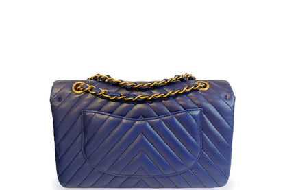 CHANEL CLASSIC DOUBLE FLAP (2122xxxx) MEDIUM BLUE CHEVRON LAMBSKIN GOLD HARDWARE, WITH , NO DUST COVER