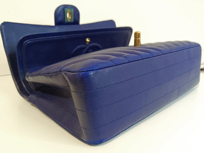 CHANEL CLASSIC DOUBLE FLAP (2122xxxx) MEDIUM BLUE CHEVRON LAMBSKIN GOLD HARDWARE, WITH , NO DUST COVER