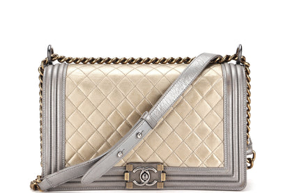 CHANEL LE BOY (1961xxxx) NEW MEDIUM GOLD SILVER METALLIC CALFSKIN RUTHENIUM HARDWARE, WITH , NO DUST COVER