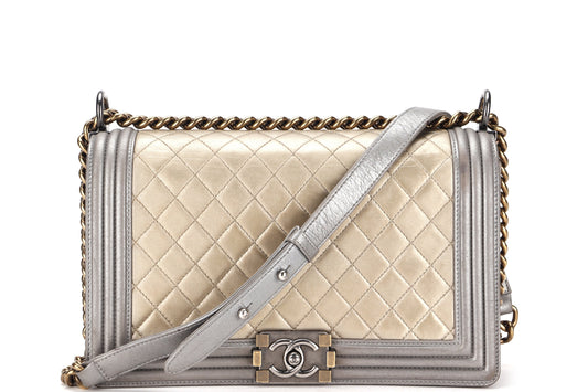 CHANEL LE BOY (1961xxxx) NEW MEDIUM GOLD SILVER METALLIC CALFSKIN RUTHENIUM HARDWARE, WITH , NO DUST COVER