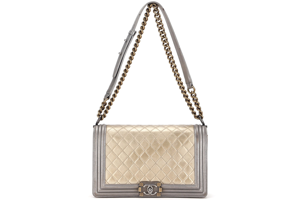 CHANEL LE BOY (1961xxxx) NEW MEDIUM GOLD SILVER METALLIC CALFSKIN RUTHENIUM HARDWARE, WITH , NO DUST COVER