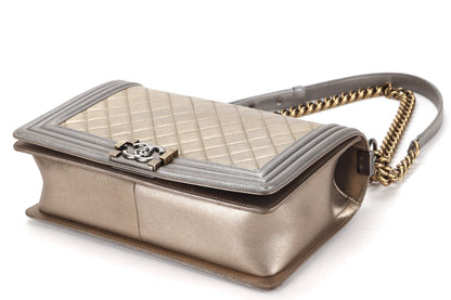 CHANEL LE BOY (1961xxxx) NEW MEDIUM GOLD SILVER METALLIC CALFSKIN RUTHENIUM HARDWARE, WITH , NO DUST COVER