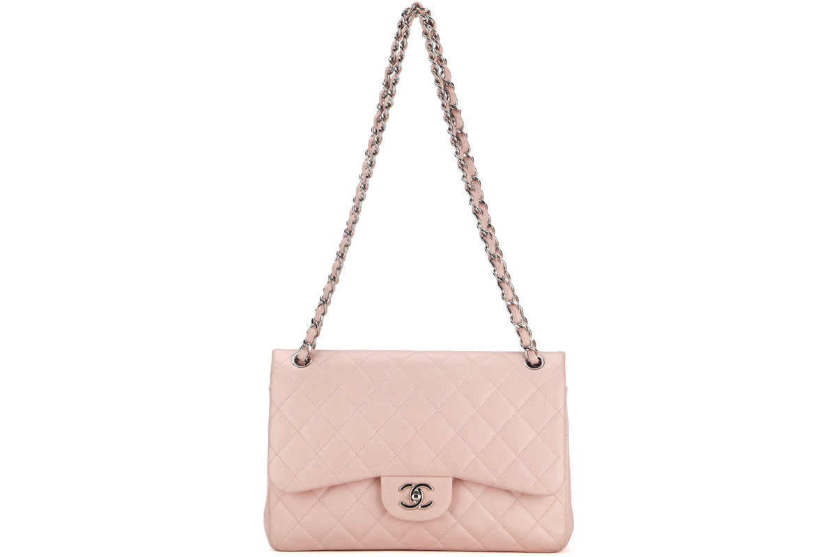 CHANEL DOUBLE FLAP BAG (1893xxxx) JUMBO LIGHT PINK CAVIAR LEATHER SILVER HARDWARE, WITH DUST COVER, NO