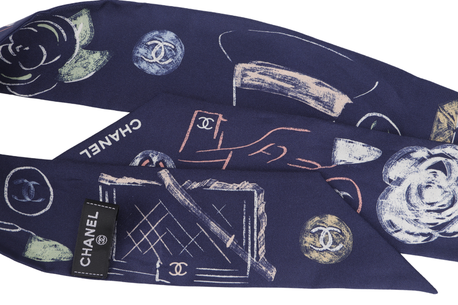 CHANEL TWILLY SCARF CAMELLIA REVIRSIBLE BLUE SILK WITH BOX