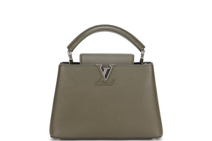 LOUIS VUITTON M57227 CAPUCINES BB, KHAKI COLOR TAURILLON LEATHER SILVER HARDWARE, WITH STRAP & DUST COVER