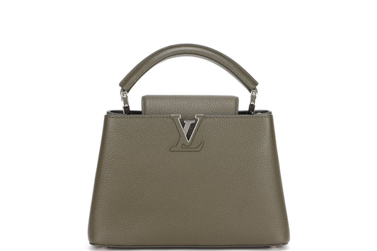 LOUIS VUITTON M57227 CAPUCINES BB, KHAKI COLOR TAURILLON LEATHER SILVER HARDWARE, WITH STRAP & DUST COVER