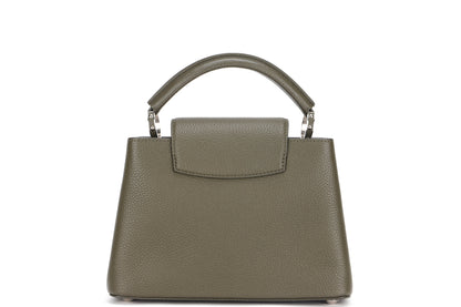 LOUIS VUITTON M57227 CAPUCINES BB, KHAKI COLOR TAURILLON LEATHER SILVER HARDWARE, WITH STRAP & DUST COVER