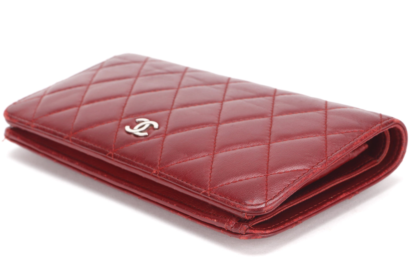 CHANEL BIFOLD WALLET (1679xxxx) RED LAMBSKIN SILVER HARDWARE, WITH  & BOX