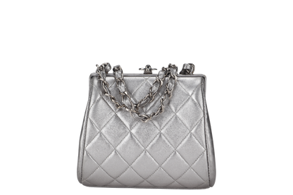 CHANEL VINTAGE TIMELESS FRAME BAG MINI QUILTED SILVER METALLIC LAMBSKIN SILVER HARDWARE (458xxxx)