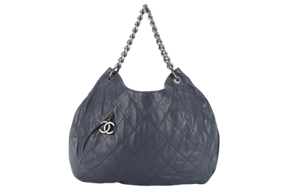 CHANEL PLEATS HOBO BAG (1673xxxx) LARGE BLUE QUILTED CALFSKIN SILVER HARDWARE NO DUST COVER