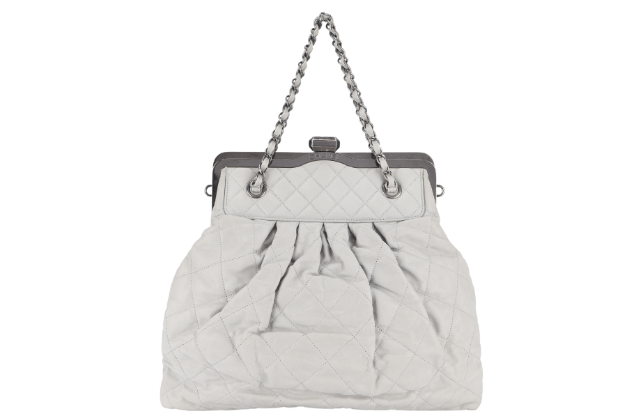 CHANEL CHIC FRAME TOTE (1484xxxx) LIGHT GREY CALFSKIN SILVER HARDWARE WITH  AND DUST COVER
