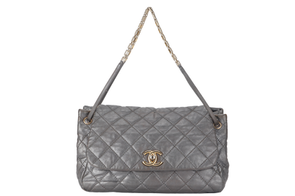 CHANEL RETRO CHAIN ACCORDIAN FLAP LARGE GREY LAMBSKIN LEATHER GOLD HARDWARE (1446xxxx) WITH DUST COVER