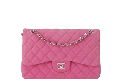 CHANEL CLASSIC DOUBLE FLAP BAG JUMBO FUSCHIA SUEDE CAVIAR SILVER HARDWARE (1803xxxx) NO DUST COVER