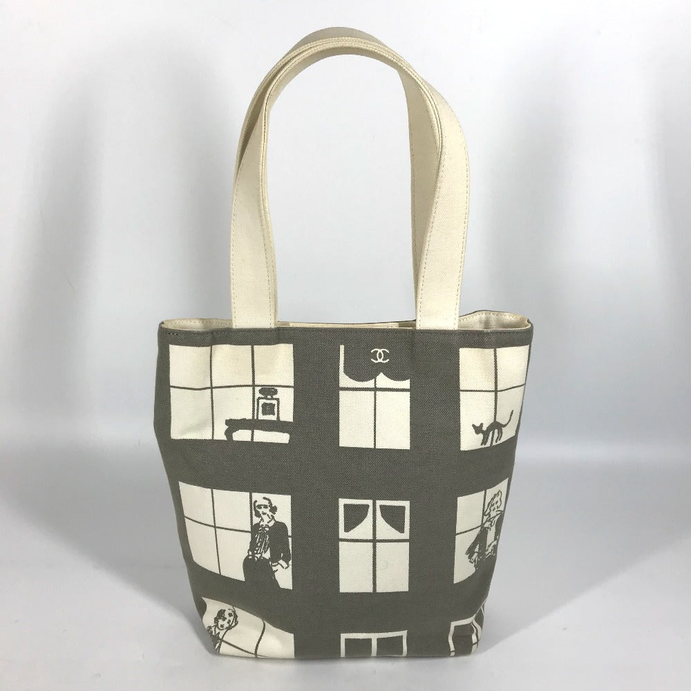 CHANEL Shoulder Bag canvas Gray x white Windows line Handbag Women Used