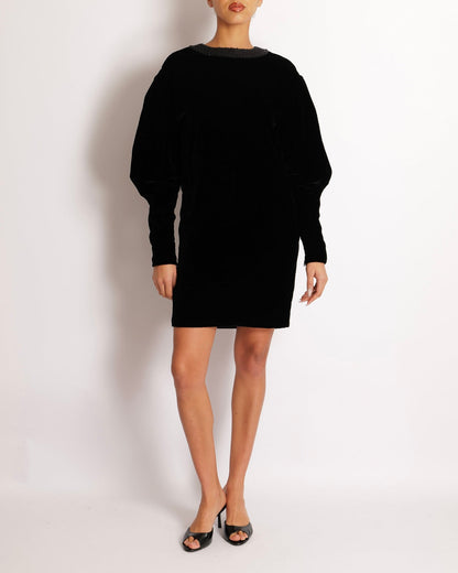 Chanel Black Velours Mini Dress with Black Tweed and Sequins Neckline Detail with Gold CC Logo Buttons Size FR 34 (UK 6)