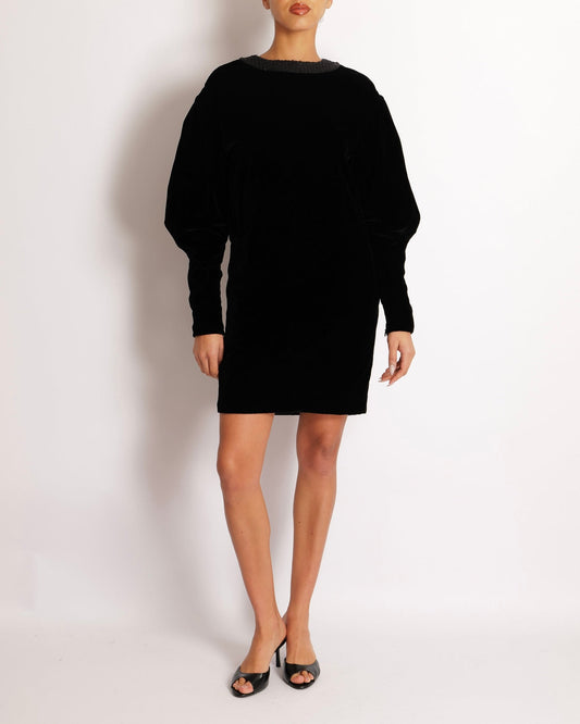 Chanel Black Velours Mini Dress with Black Tweed and Sequins Neckline Detail with Gold CC Logo Buttons Size FR 34 (UK 6)