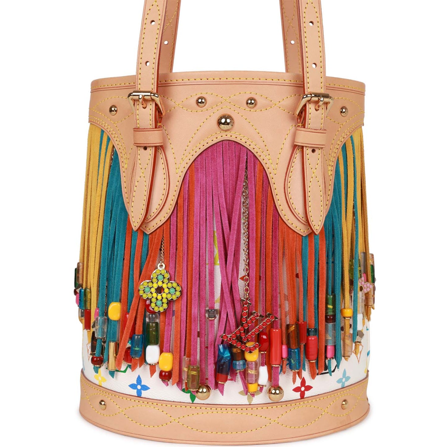 Vintage Louis Vuitton White Multicolor Fringe Bucket Bag