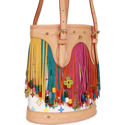 Vintage Louis Vuitton White Multicolor Fringe Bucket Bag