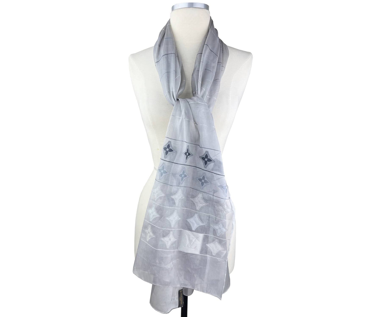 LOUIS VUITTON Silver Grey Silk Organza Pattern Long Scarf