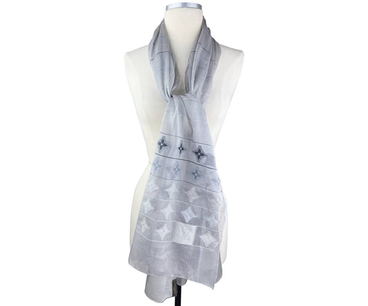 LOUIS VUITTON Silver Grey Silk Organza Pattern Long Scarf