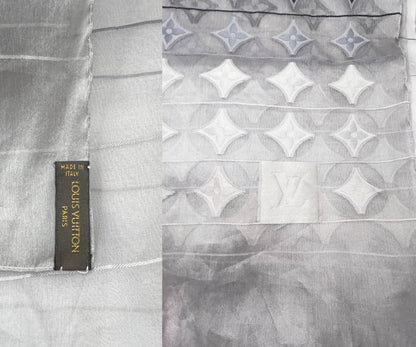 LOUIS VUITTON Silver Grey Silk Organza Pattern Long Scarf