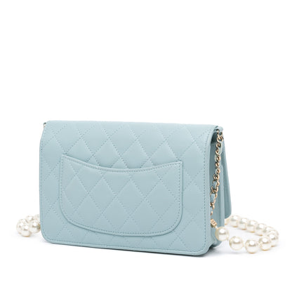 Blue Chanel CC Lambskin Pearl Wallet On Chain Crossbody Bag