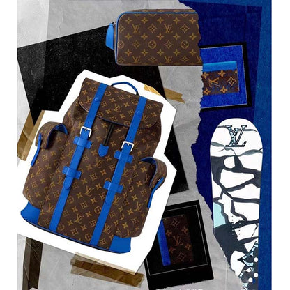 Louis Vuitton LV Unisex Christopher MM Backpack Blue Monogram Macassar Coated Canvas Cowhide Leather