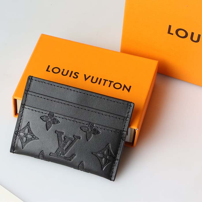 Louis Vuitton LV Unisex Coin Card Holder Black Calf Leather Textile Lining