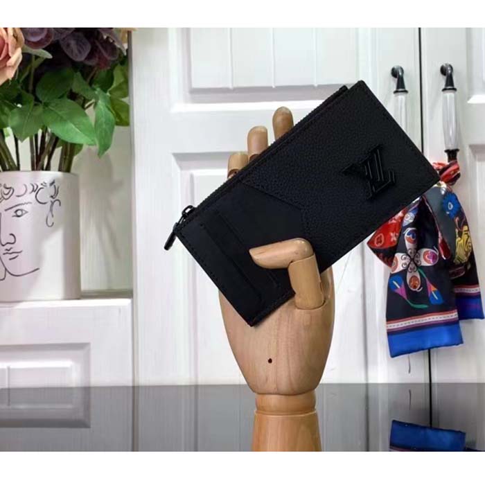 Louis Vuitton LV Unisex Coin Card Holder Black Cowhide Leather 4 Card Slots