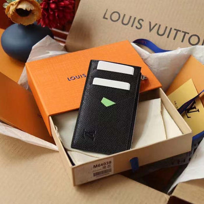 Louis Vuitton LV Unisex Coin Card Holder Taiga Cowhide Leather 4 Card Slots