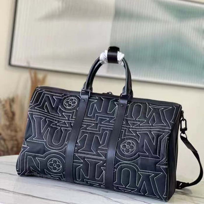 Louis Vuitton LV Unisex Keepall 50B Black Nylon Cowhide Leather Signature Embroidery