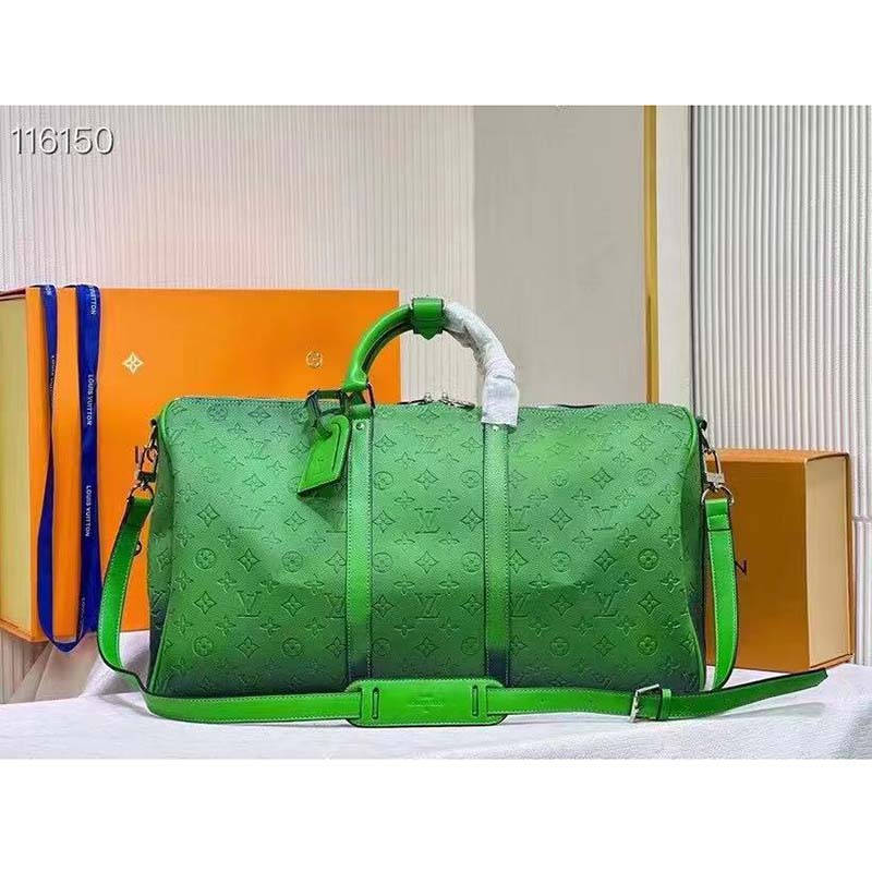 Louis Vuitton LV Unisex Keepall 50B Blue Green Taurillon Cowhide Leather