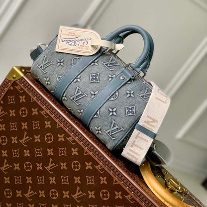 Louis Vuitton LV Unisex Keepall Bandoulière 25 Monogram Washed Denim Canvas Cowhide Leather