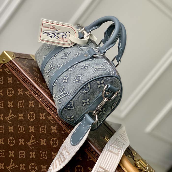 Louis Vuitton LV Unisex Keepall Bandoulière 25 Monogram Washed Denim Canvas Cowhide Leather