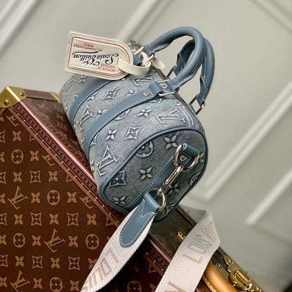 Louis Vuitton LV Unisex Keepall Bandoulière 25 Monogram Washed Denim Canvas Cowhide Leather