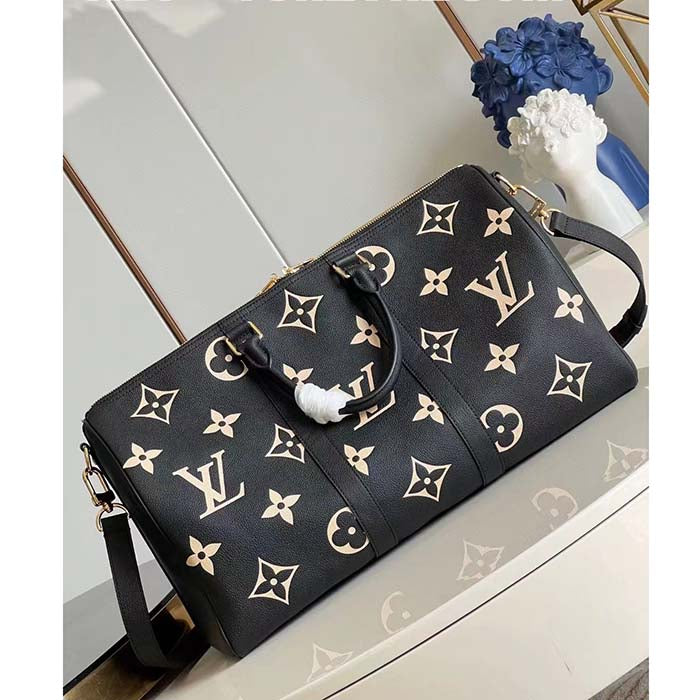 Louis Vuitton LV Unisex Keepall Bandoulière 45 Black Beige Monogram Empreinte Embossed Leather