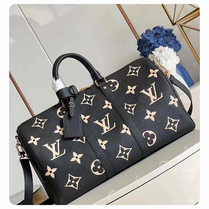 Louis Vuitton LV Unisex Keepall Bandoulière 45 Black Beige Monogram Empreinte Embossed Leather