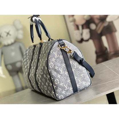 Louis Vuitton LV Unisex Keepall Bandoulière 45 Blue Monoglam Coated Canvas Cowhide Leather