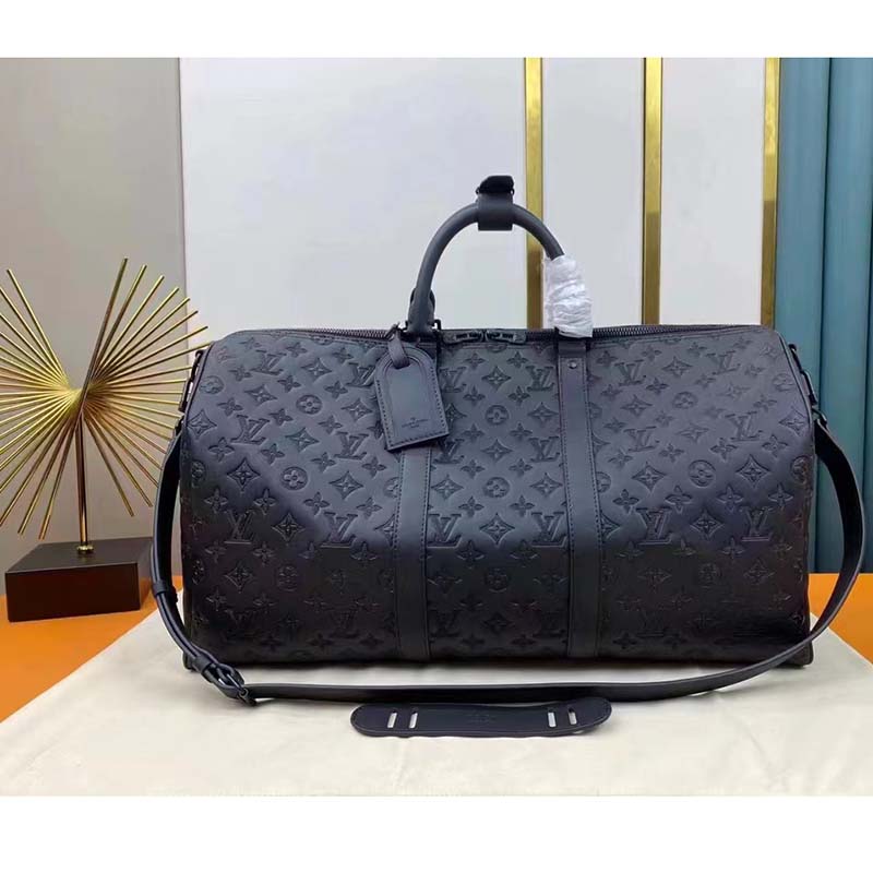 Louis Vuitton LV Unisex Keepall Bandoulière 50 Bag Black Monogram Shadow Embossed Leather