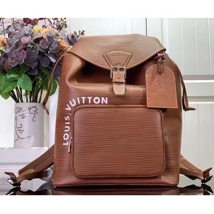 Louis Vuitton LV Unisex Montsouris Backpack Cognac Calf Leather Drawstring Magnetic Closure Handle