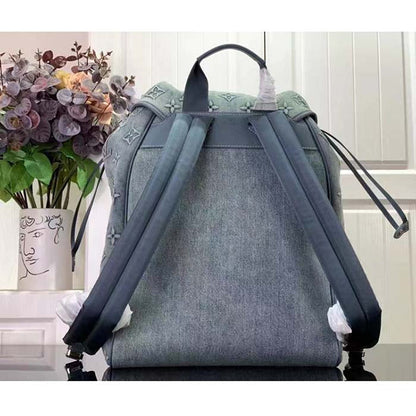 Louis Vuitton LV Unisex Montsouris Backpack Monogram Washed Denim Coated Canvas Cowhide Leather
