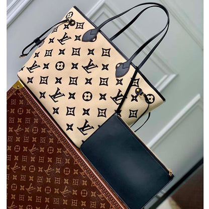 Louis Vuitton LV Unisex Neverfull MM Black Lotus Cotton Cowhide Leather