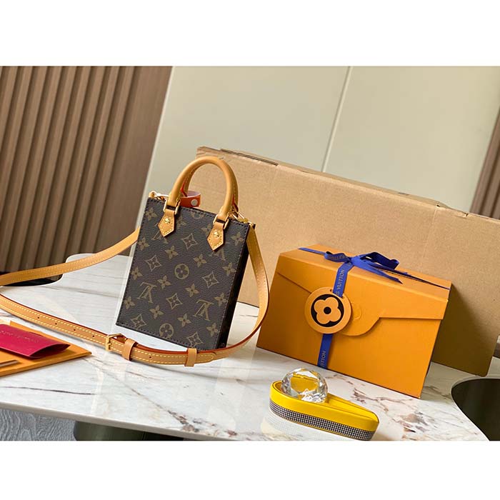 Louis Vuitton LV Unisex Petit Sac Plat Bag Monogram Coated Canvas Aged Natural Cowhide Leather