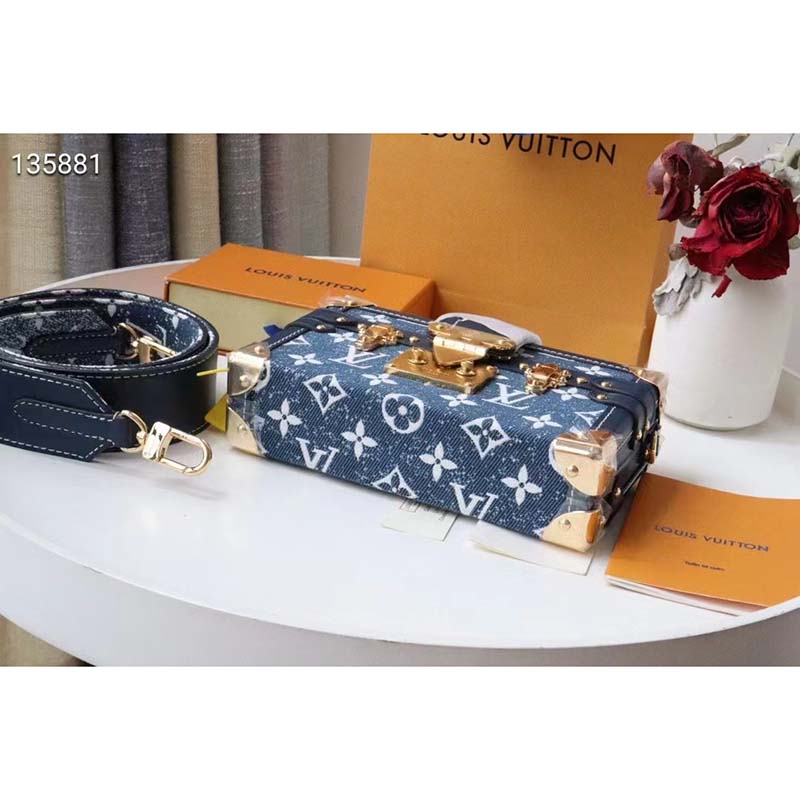 Louis Vuitton LV Unisex Petite Malle Box Handbag Blue Denim Monogram Canvas
