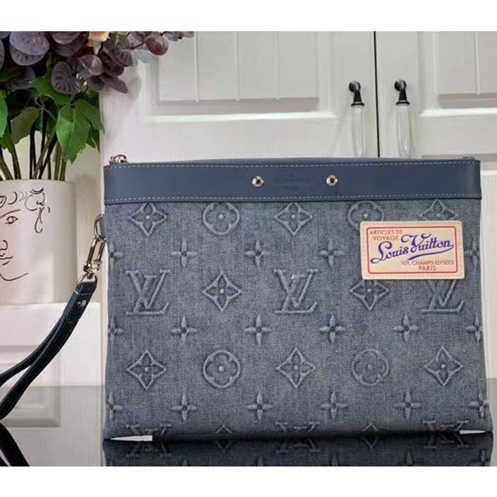 Louis Vuitton LV Unisex Pochette To Go Monogram Washed Denim Coated Canvas Cowhide Leather
