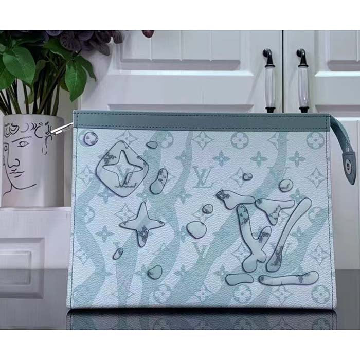 Louis Vuitton LV Unisex Pochette Voyage MM Bag Crystal Blue Monogram Aquagarden Coated Canvas