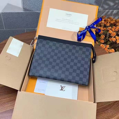 Louis Vuitton LV Unisex Pochette Voyage MM Bag Grey Damier Graphite Coated Canvas